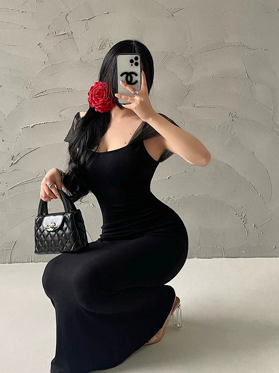 YoungGirlDay phong cách thuần khiết gợi cảm ôm sát cơ thể co giãn váy dài phối lưới có dây đeo spaghetti