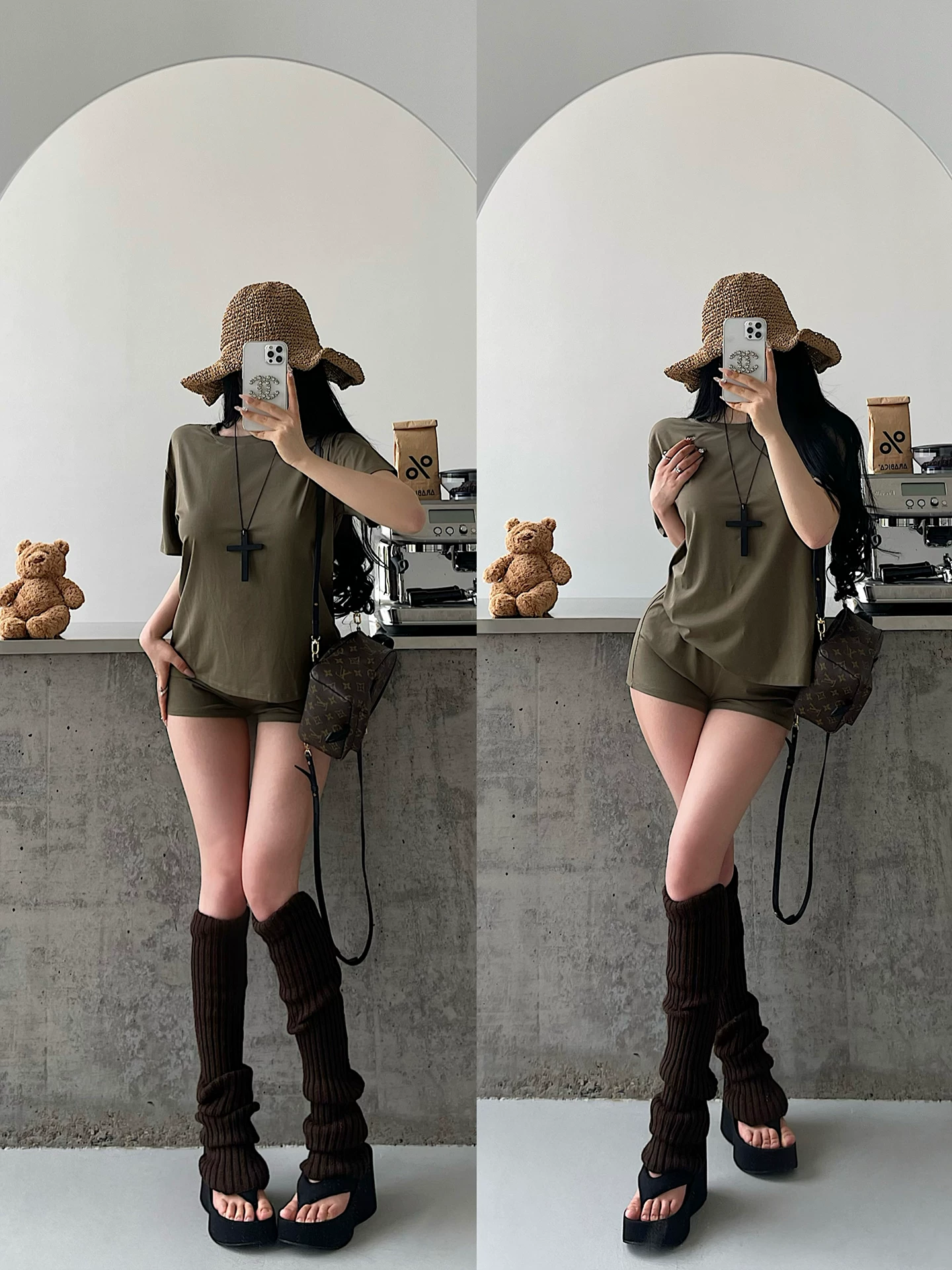 YoungGirlDay Kardashian áo thun ngắn tay dáng rộng cổ tròn màu trơn cơ bản, quần short cạp cao, bộ đồ thường ngày