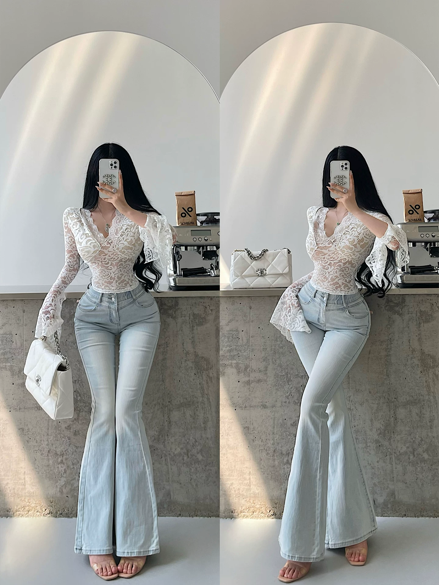 YoungGirlDay Quần jean cạp cao phong cách truyện tranh Hàn Quốc dành cho nữ, có nơ thắt lưng ở túi sau, thiết kế ống quần loe và kiểu dáng dài chạm sàn.