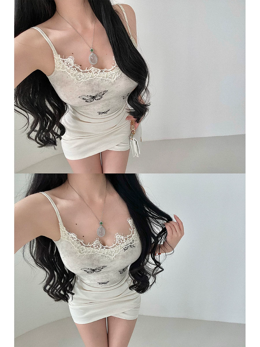 Áo crop top ngắn kiểu camisole in hình bướm, đính đá lấp lánh, viền ren, phong cách YoungGirlDay, gợi cảm, quyến rũ.