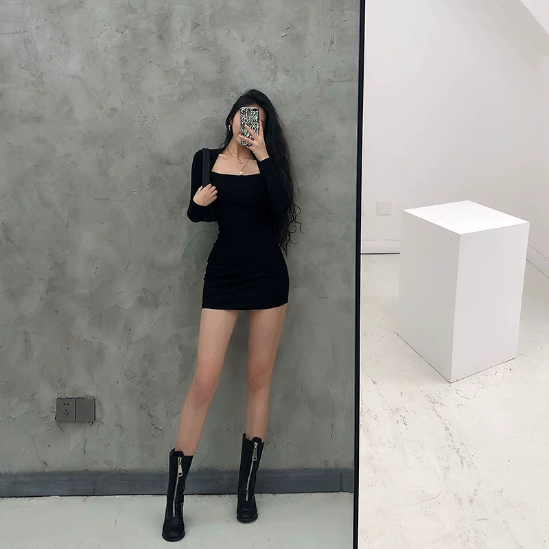 YoungGirlDay Phong cách Âu Mỹ màu trơn không tay cổ vuông dài tay gợi cảm ôm sát cơ thể