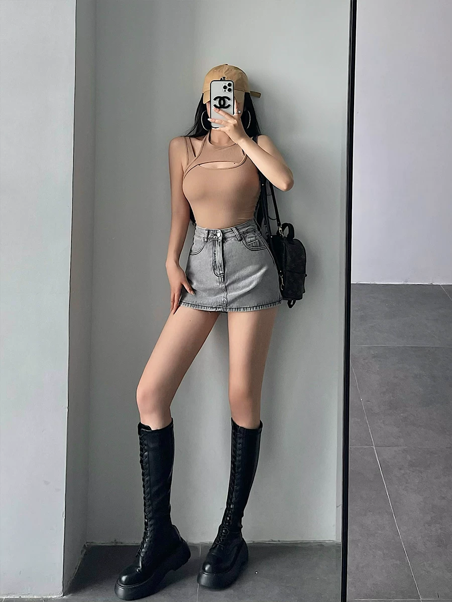 YoungGirlDay Váy ngắn denim chống lộ eo cao gợi cảm phong cách Mỹ dành cho cô gái nóng bỏng.