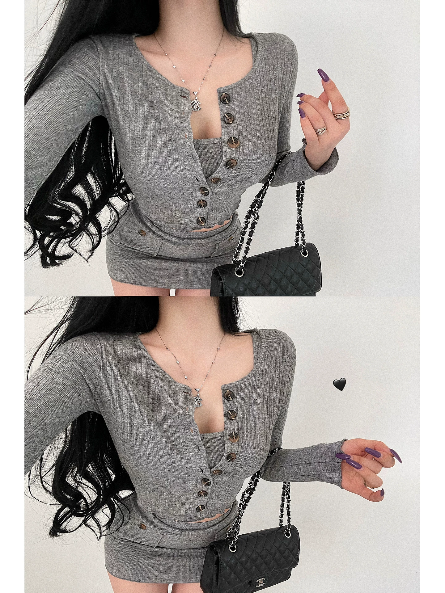 YoungGirlDay phong cách thuần khiết gợi cảm áo yếm cardigan một hàng khuy cạp cao váy ngắn ôm sát bộ đồ dệt kim