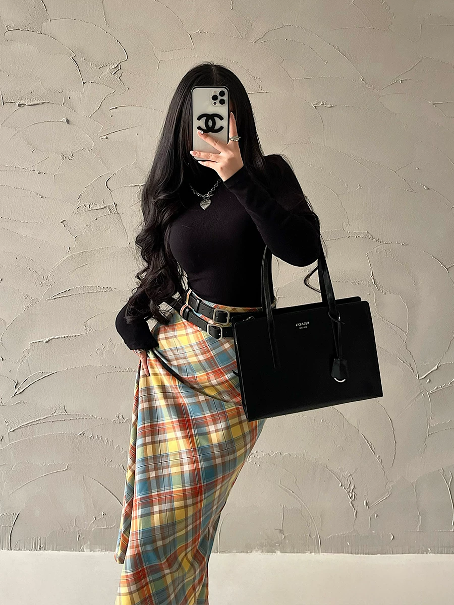 YoungGirlDay retro dopamine eo cao giảm béo có đai đôi kẻ sọc đầy màu sắc Váy chữ A dài vừa phải