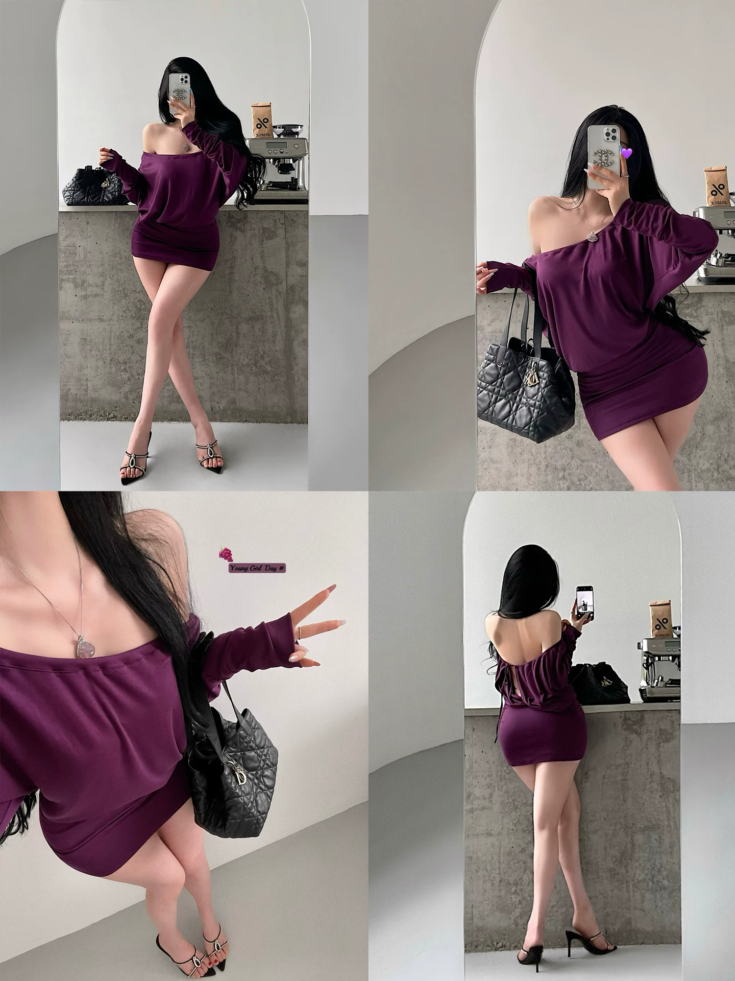 YoungGirlDay khao khát thuần khiết gợi cảm một vai hở lưng dáng rộng giảm béo váy bodycon dài tay xếp nếp váy ngắn