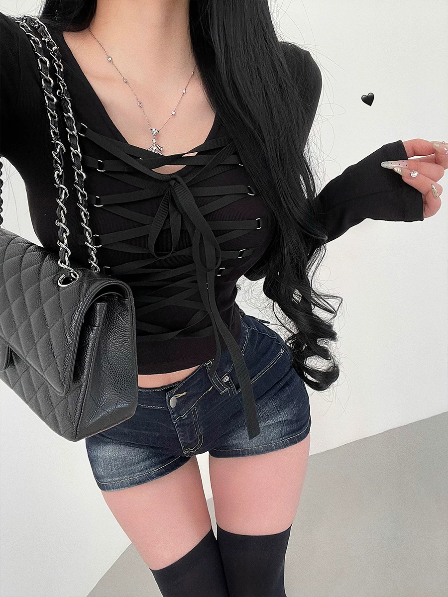 YoungGirlDay khao khát thuần khiết hot girl gợi cảm bó sát thắt eo thắt eo áo thun dài tay bó sát cơ thể