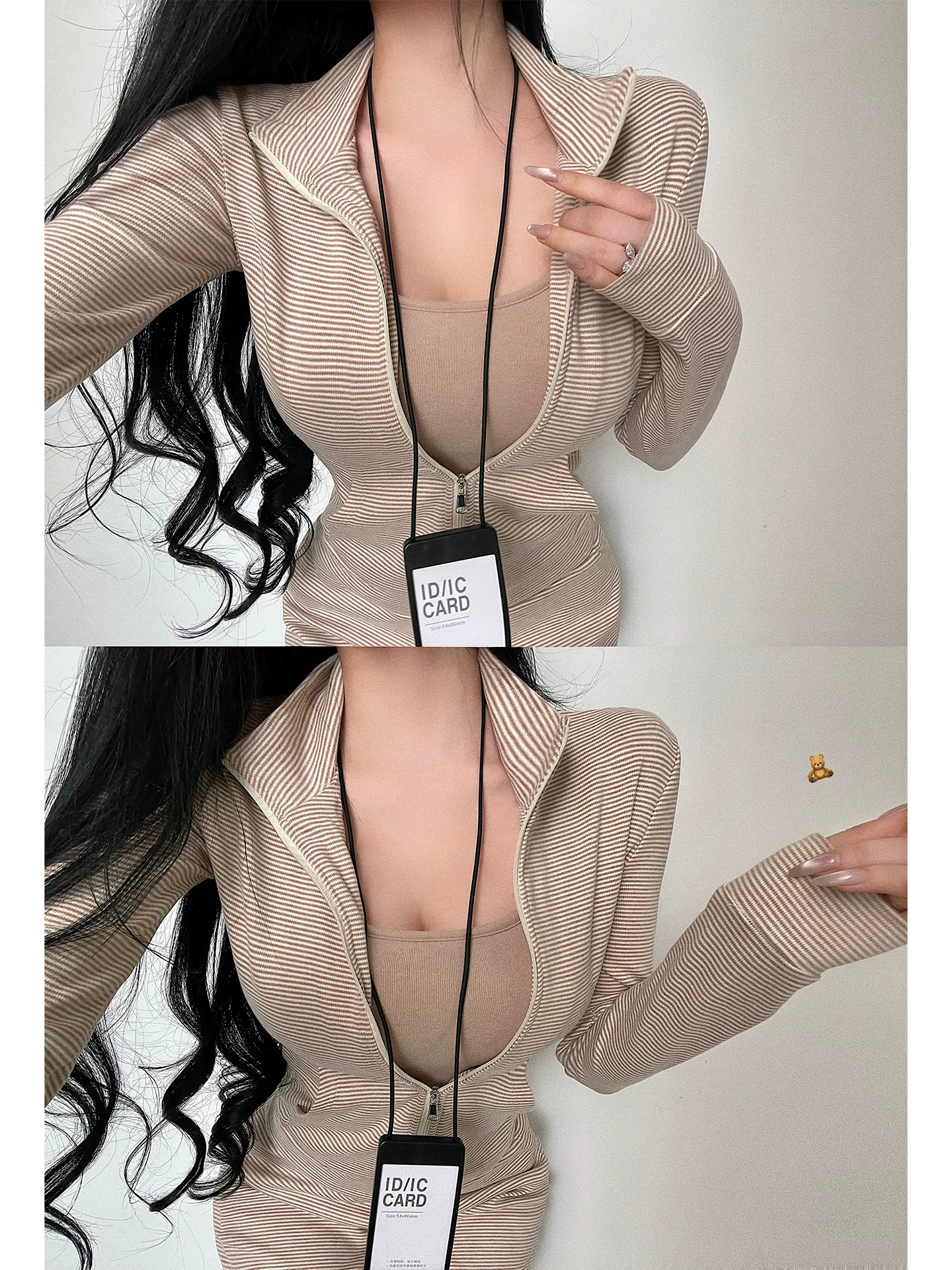 YoungGirlDay phong cách thuần khiết gợi cảm, áo khoác cardigan sọc có khóa kéo, quần ống rộng cạp cao, quần dài chạm sàn, bộ đồ