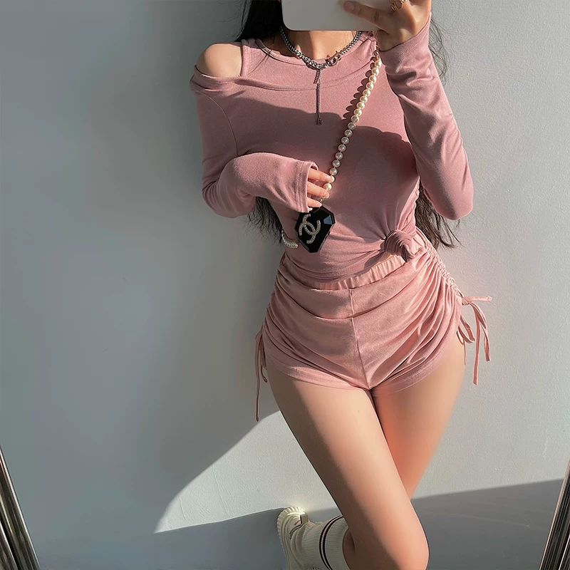 YoungGirlDay Áo thun trễ vai giả hai mảnh màu trơn phong cách đường phố châu Âu và Mỹ dành cho nữ.