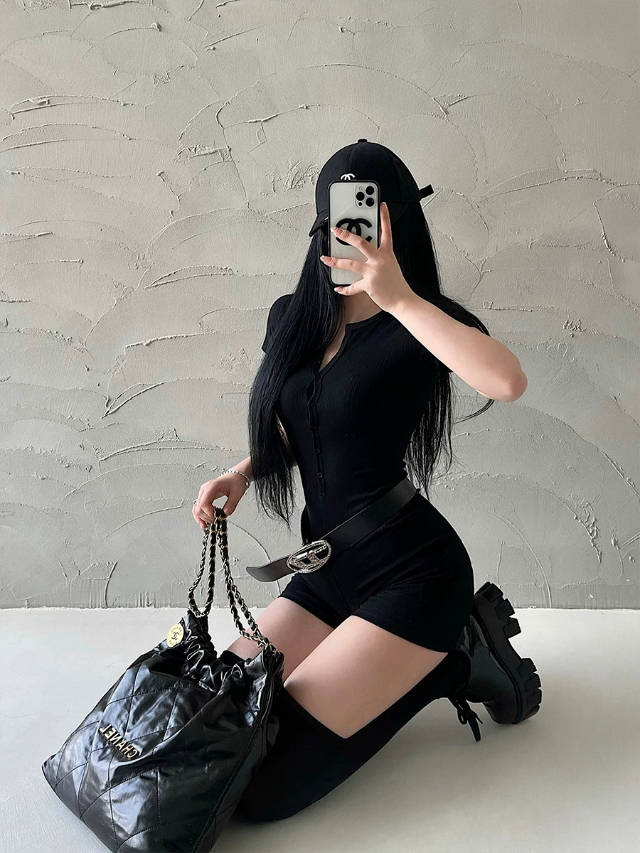 YoungGirlDay Bộ áo liền quần ngắn tay màu trơn, cổ tròn, một hàng khuy, co giãn, phong cách châu Âu và Mỹ dành cho nữ.