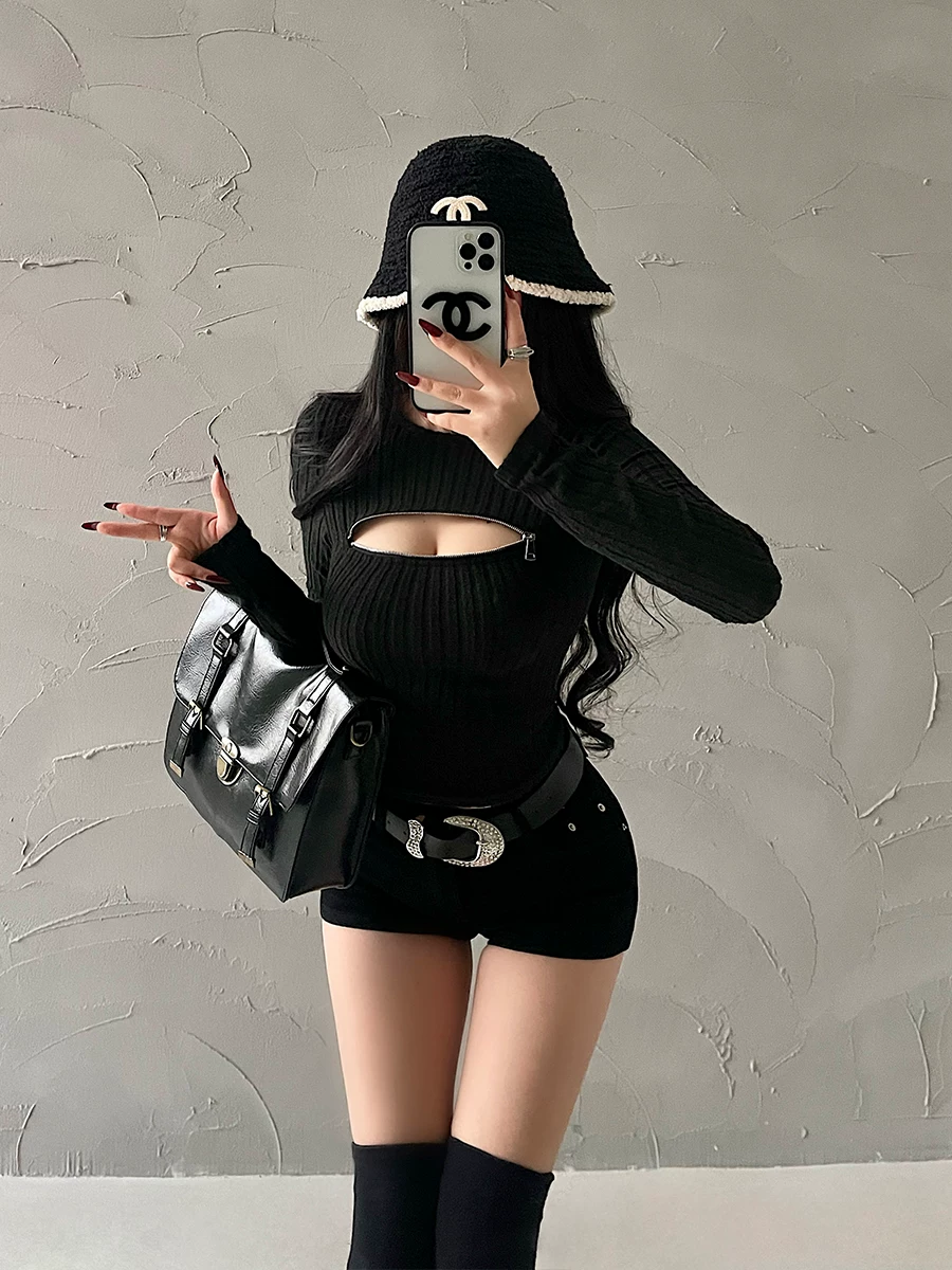 Áo len dệt kim dài tay ôm sát, khoét lỗ gợi cảm, có khóa kéo, dành cho nữ của YoungGirlDay.