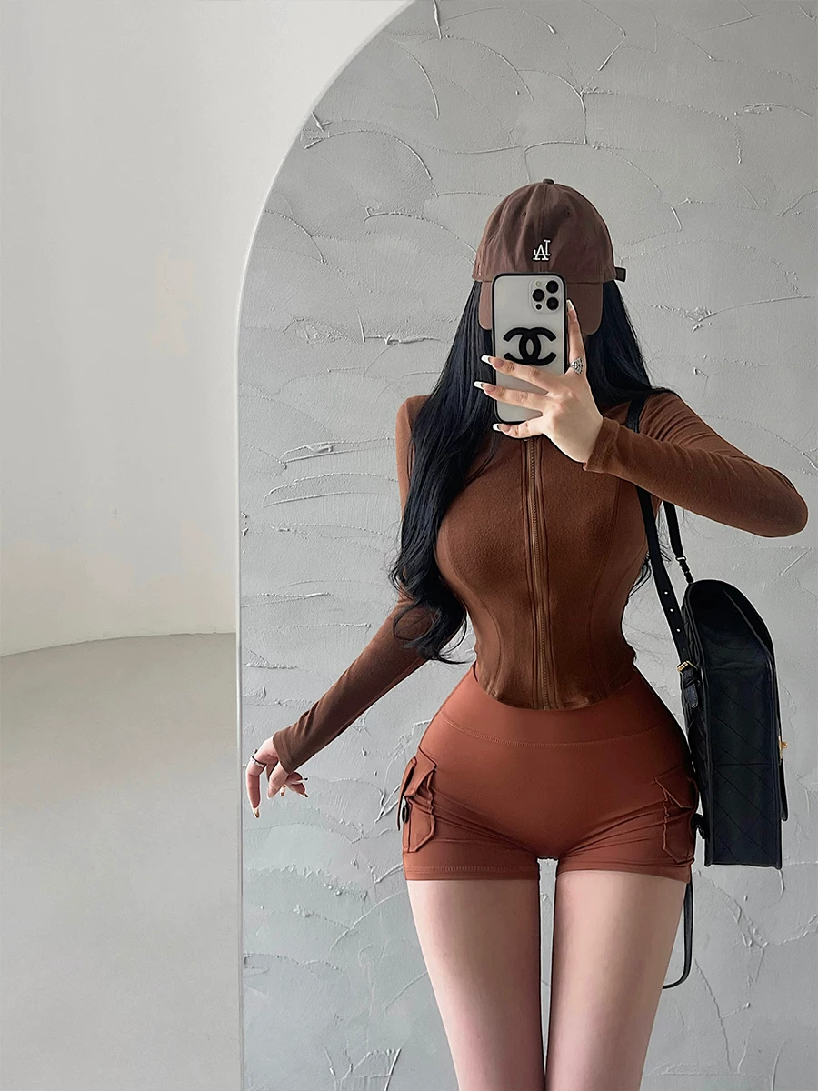 YoungGirlDay Pure Desire nhung bó sát dài tay có khóa kéo áo cardigan thể dục thể thao thường ngày áo sơ mi đáy quần dành cho nữ