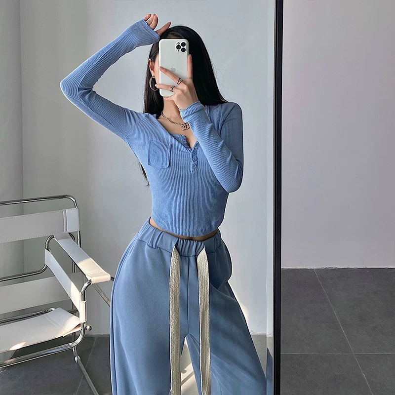 YoungGirlDay Áo len dệt kim ngắn tay ôm sát cổ tròn phong cách Âu Mỹ kiểu Âu Mỹ Áo thun cơ bản dài tay