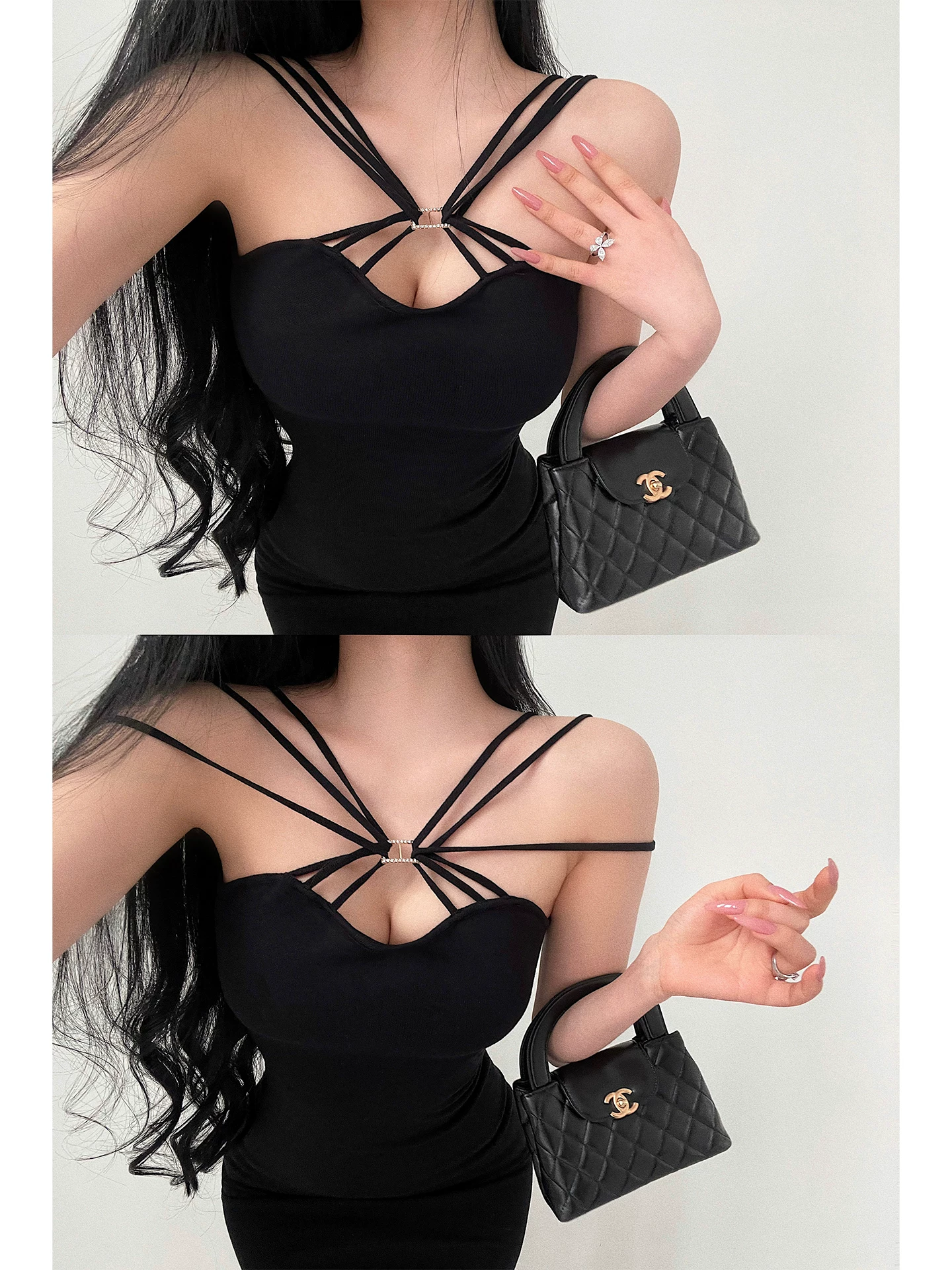 YoungGirlDay váy liền thân ôm sát, chất liệu dệt kim, thiết kế dây chéo gợi cảm, dài ngang đùi, kiểu dáng bodycon.