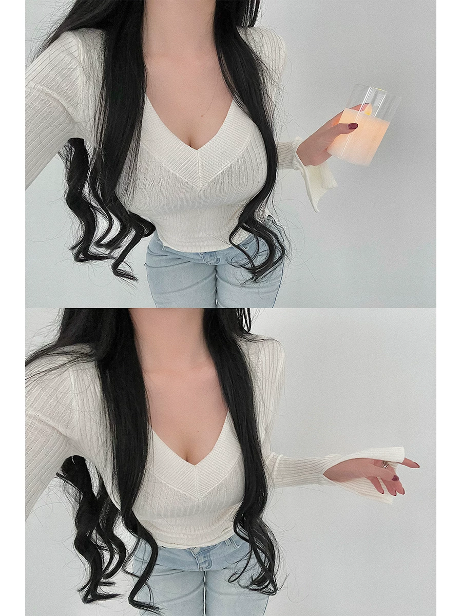 YoungGirlDay Áo dệt kim dài tay cổ chữ V gợi cảm kiểu Hàn Quốc có cổ tay xẻ tà.