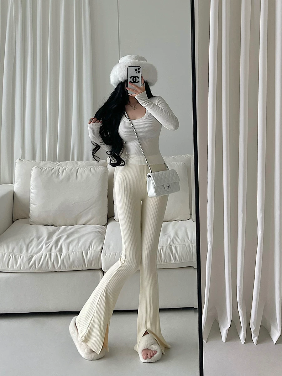 YoungGirlDay Quần ống loe xẻ tà cạp cao phong cách Âu Mỹ tôn dáng chân dài, quần dài dệt kim kiểu dáng thường ngày.