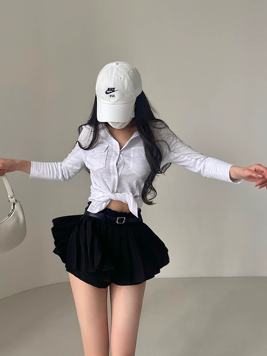YoungGirlDay khao khát thuần khiết gợi cảm eo cao giảm béo chống lộ quần short an toàn váy xếp ly váy ngắn có thắt lưng