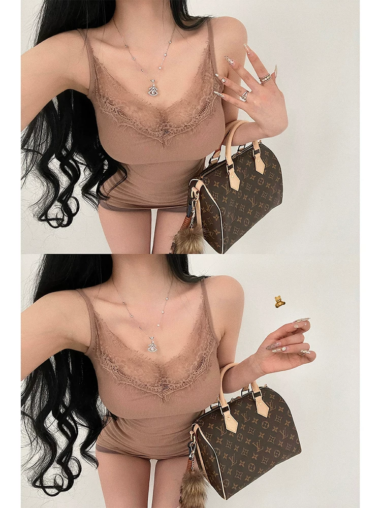 YoungGirlDay Pure Desire Atmosphere Áo yếm dài cổ chữ V gợi cảm phối ren kiểu dáng ôm vừa vặn dành cho nữ.