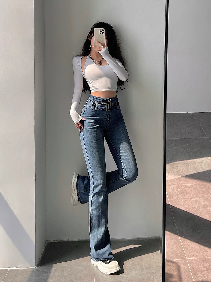 YoungGirlDay Quần jean dài chấm đất kiểu dáng cổ điển châu Âu và Mỹ, cạp cao, ôm sát, có thắt lưng có thể tháo rời.