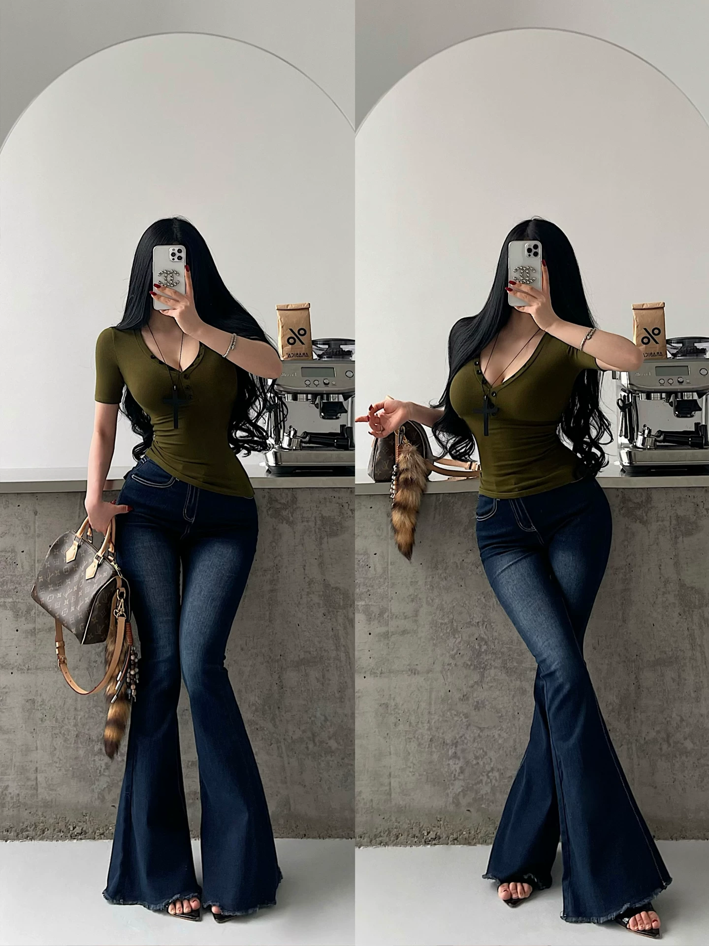 YoungGirlDay Pure Desire hot girl gợi cảm cổ chữ V một hàng khuy ôm vừa vặn co giãn đa năng áo thun ngắn tay
