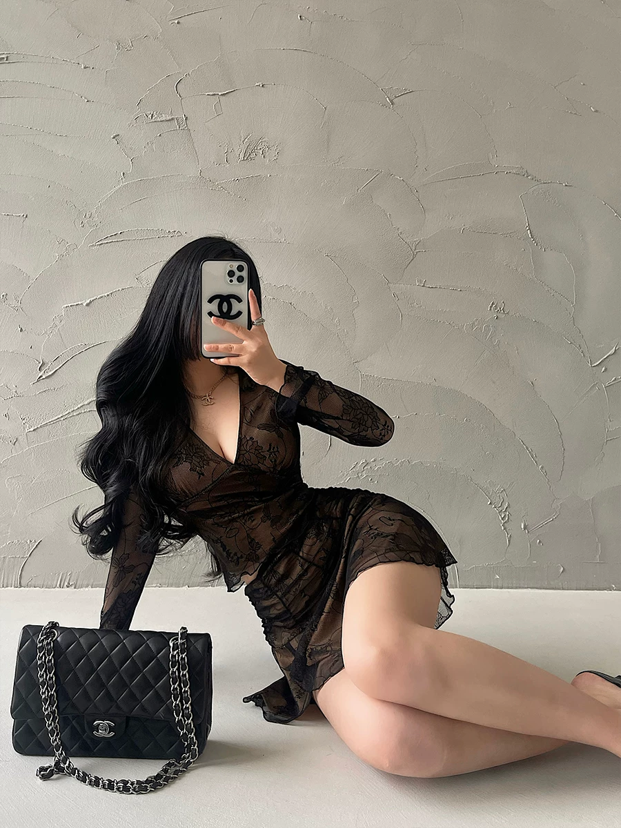 YoungGirlDay Pure Desire Gợi cảm cổ chữ V cắt thấp tay dài Váy ôm sát eo cao Bộ đồ ren lưới
