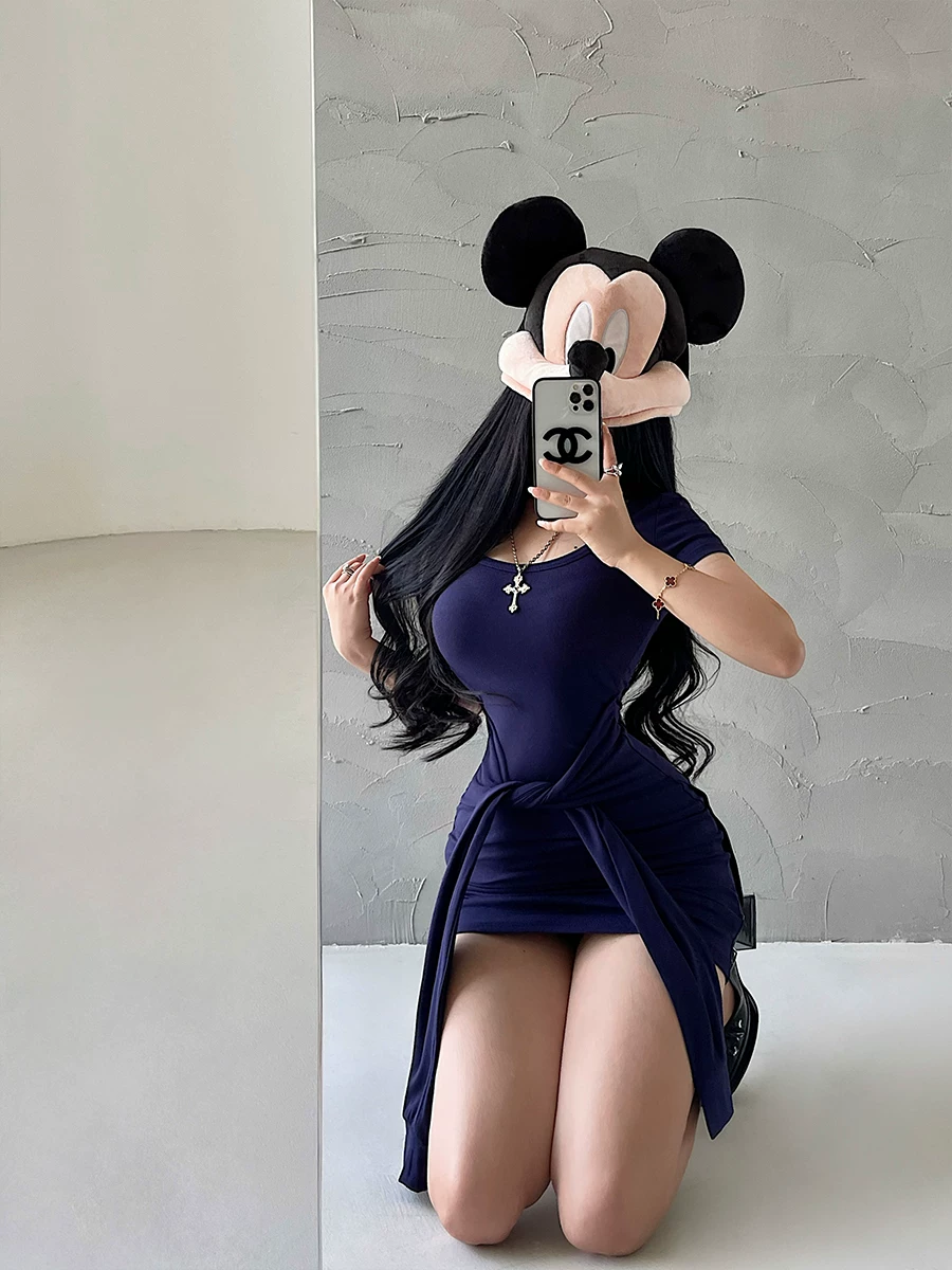 YoungGirlDay Pure Desire Gợi cảm cổ chữ U Slim Fit Giả hai mảnh Thắt eo tay ngắn Bodycon Dress Váy ngắn
