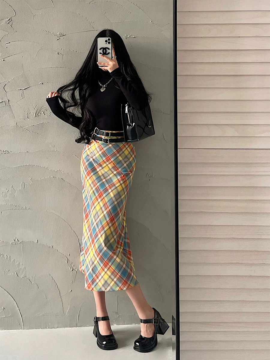 YoungGirlDay retro dopamine eo cao giảm béo có đai đôi kẻ sọc đầy màu sắc Váy chữ A dài vừa phải