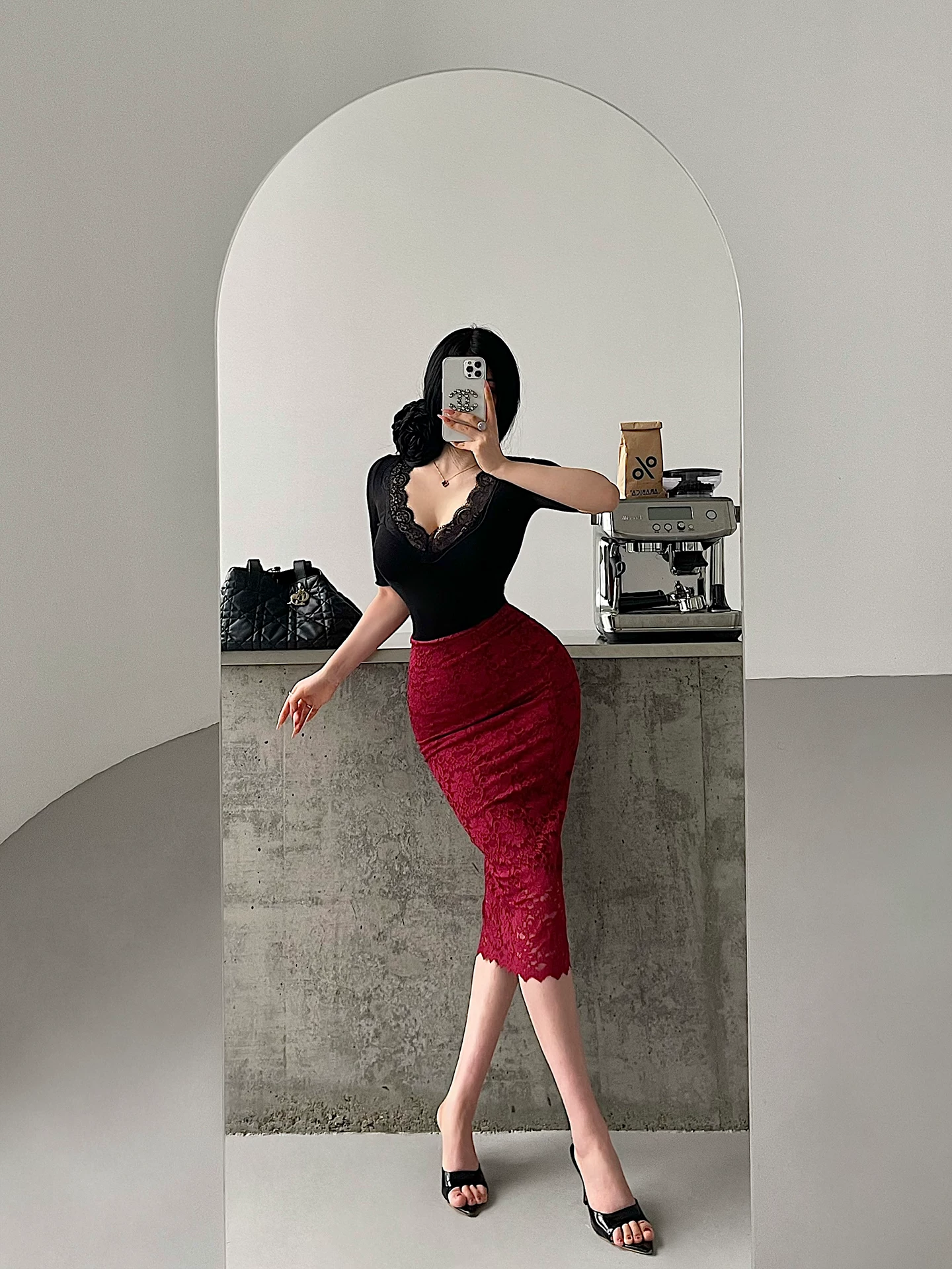 YoungGirlDay Jiangnan Beauty Pure Desire Style Váy ren xẻ lưng eo cao kiểu dáng Bodycon dài vừa phải.