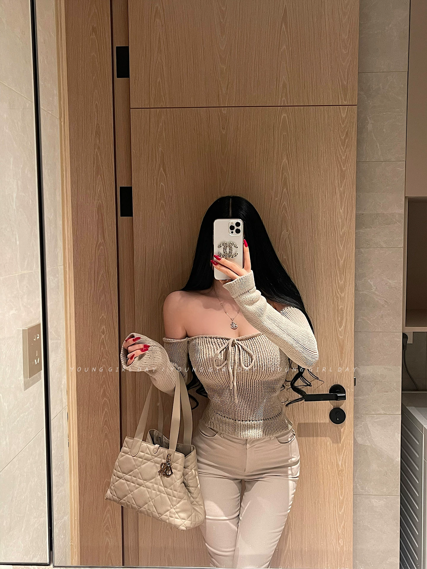 YoungGirlDay khao khát thuần khiết hot girl gợi cảm áo ống trễ vai có nơ thắt nơ áo dệt kim dài tay