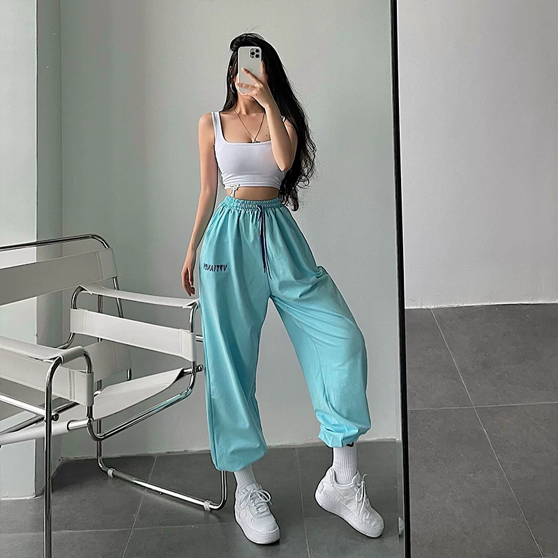 YoungGirlDay Quần jogger dáng rộng phong cách Âu Mỹ, dáng rộng, có dây rút hai màu, in chữ, quần jogger thông thường đa năng