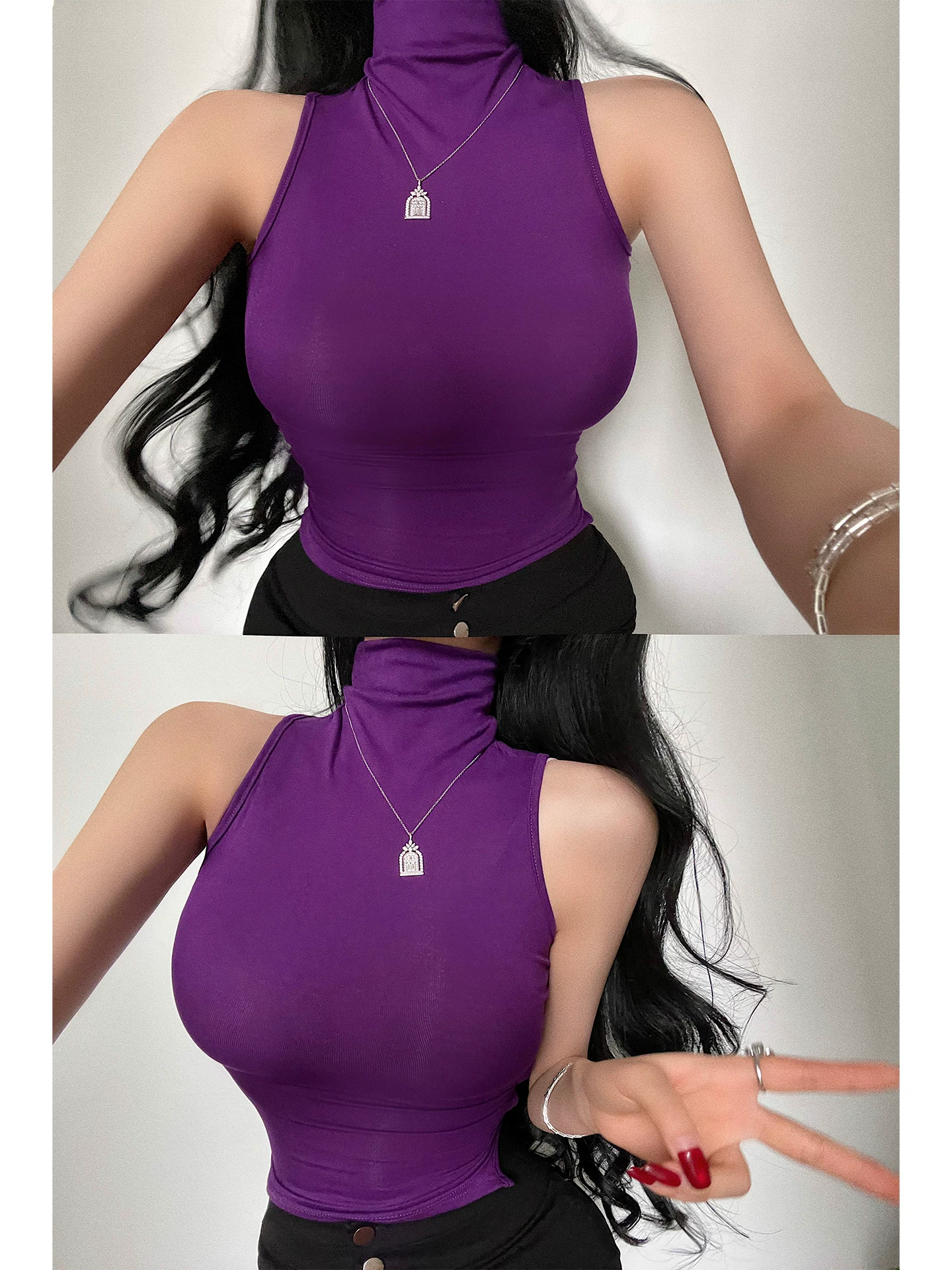 Áo hai dây ôm sát cổ cao, chất liệu thun co giãn, thiết kế buộc dây sau lưng, tôn dáng, màu trơn, phong cách trưởng thành, gợi cảm dành cho nữ.