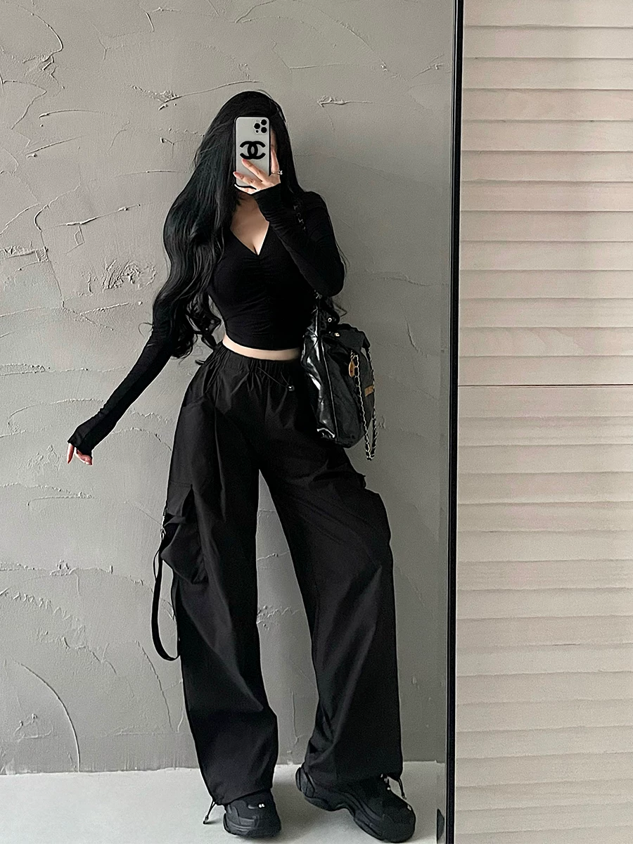 YoungGirlDay Quần jogger dây rút eo cao kiểu Mỹ phong cách đường phố kiểu Mỹ quần dài ống rộng thông thường dành cho nữ