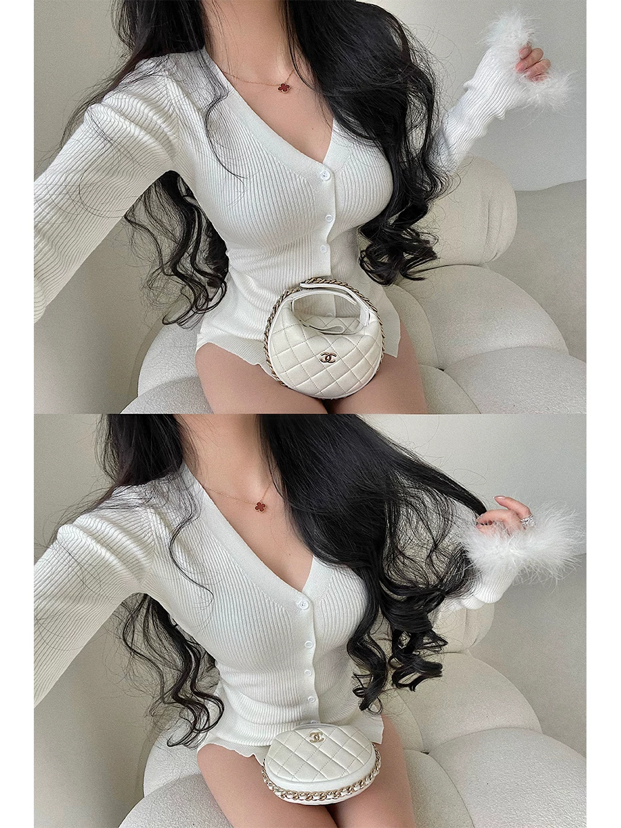 YoungGirlDay Pure Desire Áo len dệt kim cổ chữ V gợi cảm, dáng ôm vừa vặn, tay áo bồng bềnh