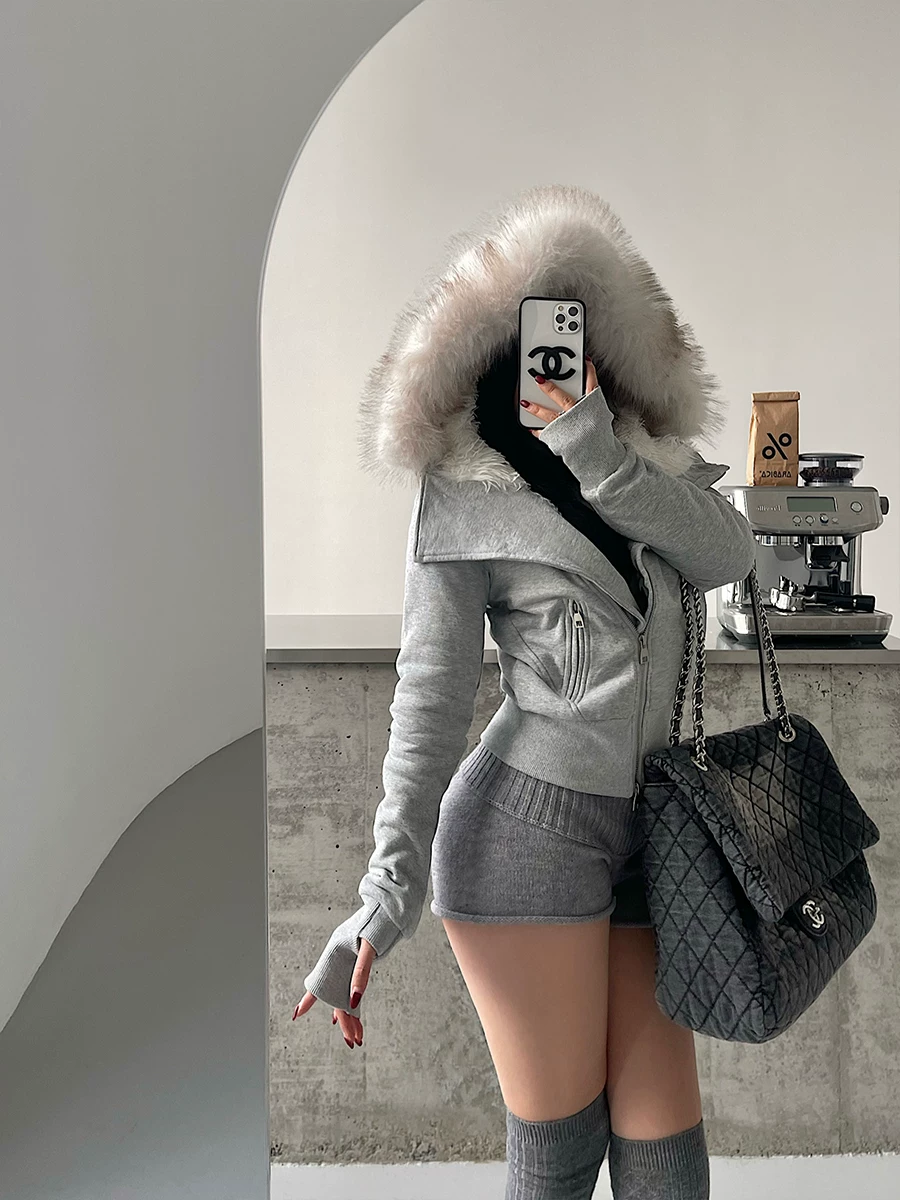 YoungGirlDay khao khát thuần khiết phong cách cô gái ngọt ngào có mũ trùm đầu có khóa kéo, áo khoác cotton bên trong lót lông cừu dày dặn.