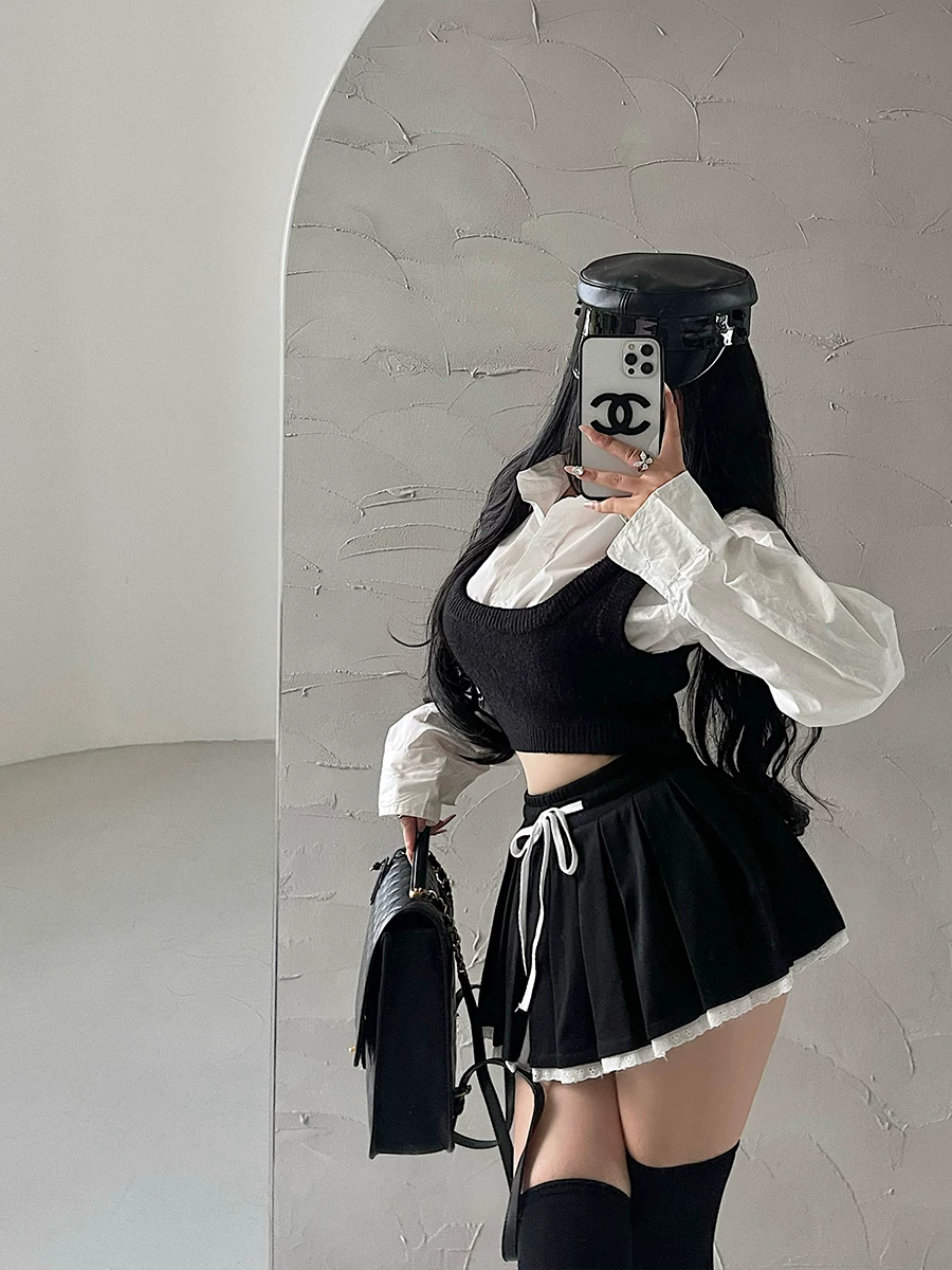 YoungGirlDay phong cách đại học giảm tuổi tác, áo sơ mi dài tay có cổ, bộ áo vest dệt kim ngắn tay ngắn