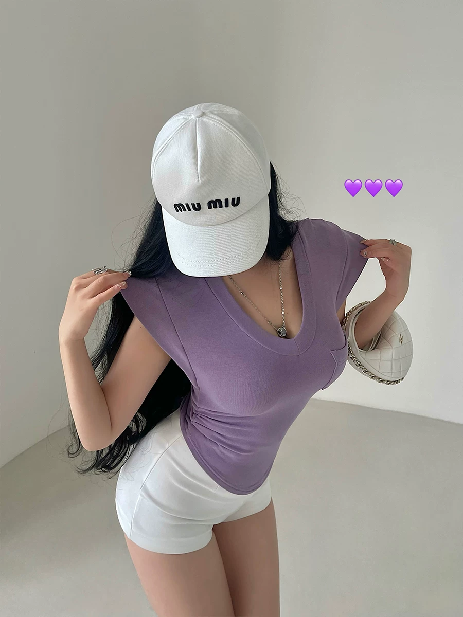 YoungGirlDay khao khát thuần khiết gợi cảm cổ chữ V ôm sát viền xòe viền cong viền cong tay áo nhỏ xòe áo thun