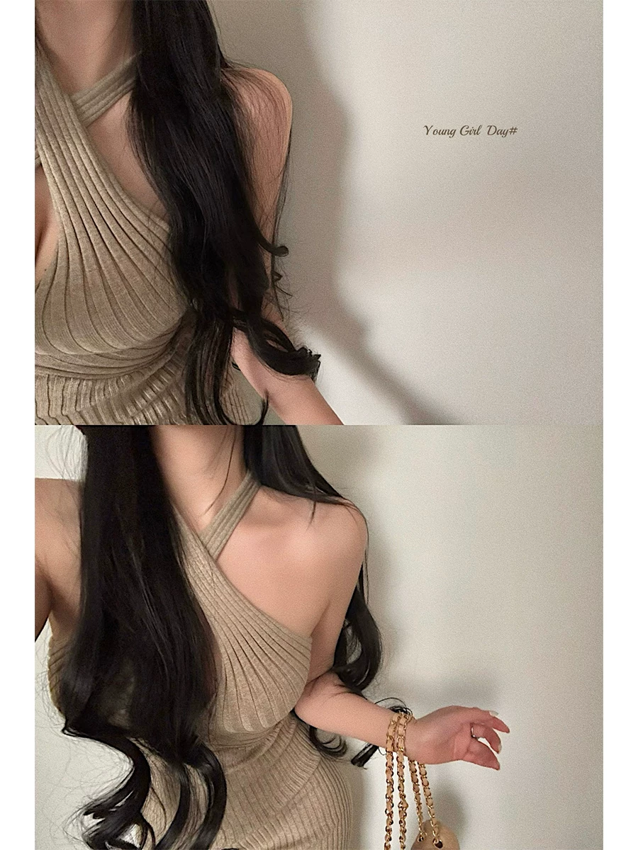 Váy liền thân ôm sát gợi cảm kiểu hot girl, cổ halter khoét lỗ, tay dài, chất liệu len, chân váy dài, phong cách YoungGirlDay pure desire.