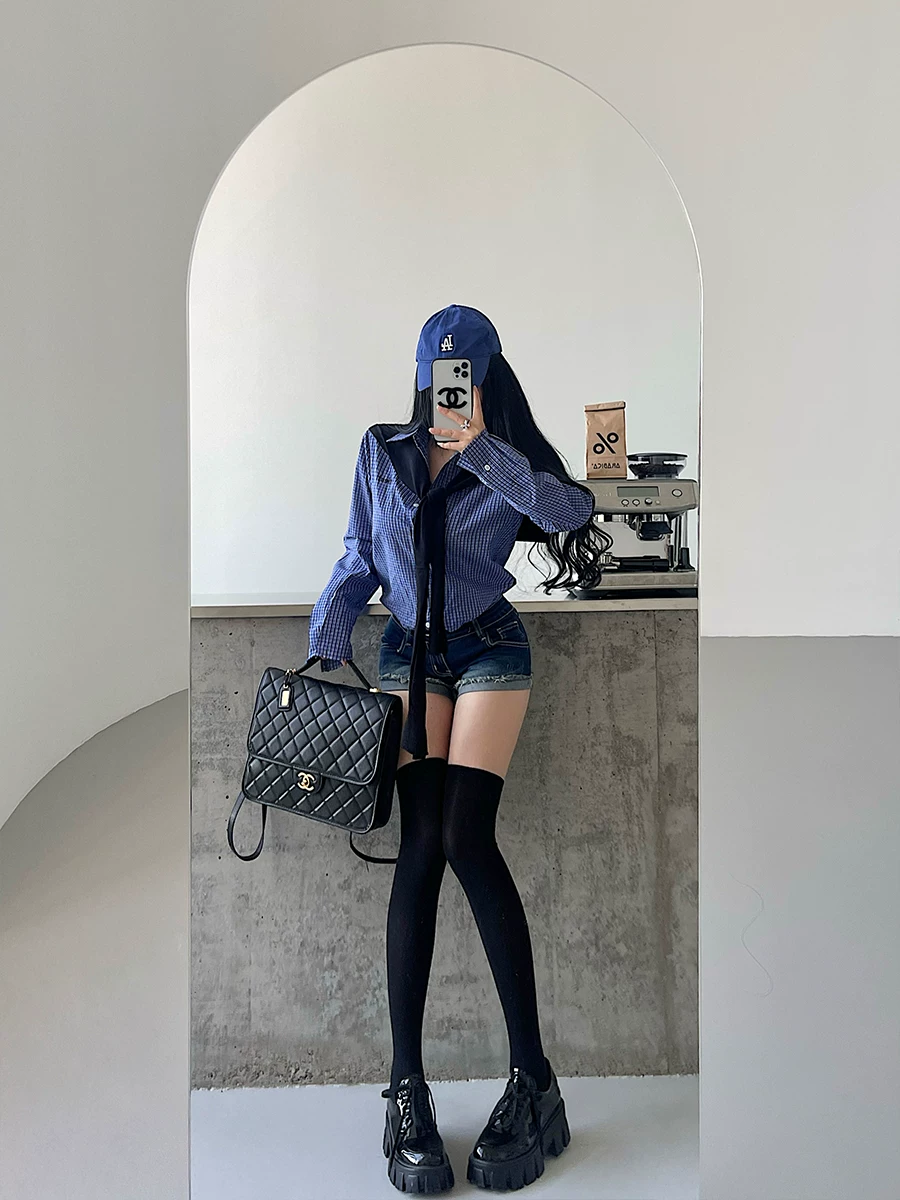 YoungGirlDay phong cách retro preppy có ve áo, áo sơ mi kẻ sọc dài tay dáng rộng, dáng rộng, giúp thon gọn, áo sơ mi thường ngày