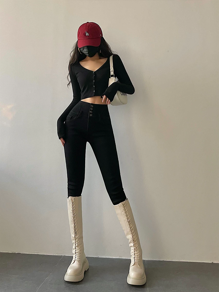YoungGirlDay Quần dài kiểu Âu Mỹ cạp cao một cúc, ôm sát, nâng mông, quần jean skinny co giãn, quần dài