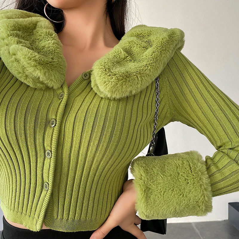 YoungGirlDay Áo len dệt kim có cổ lông có thể tháo rời thời trang phong cách Âu Mỹ, áo len cardigan ngắn vừa vặn, giúp thon gọn vóc dáng