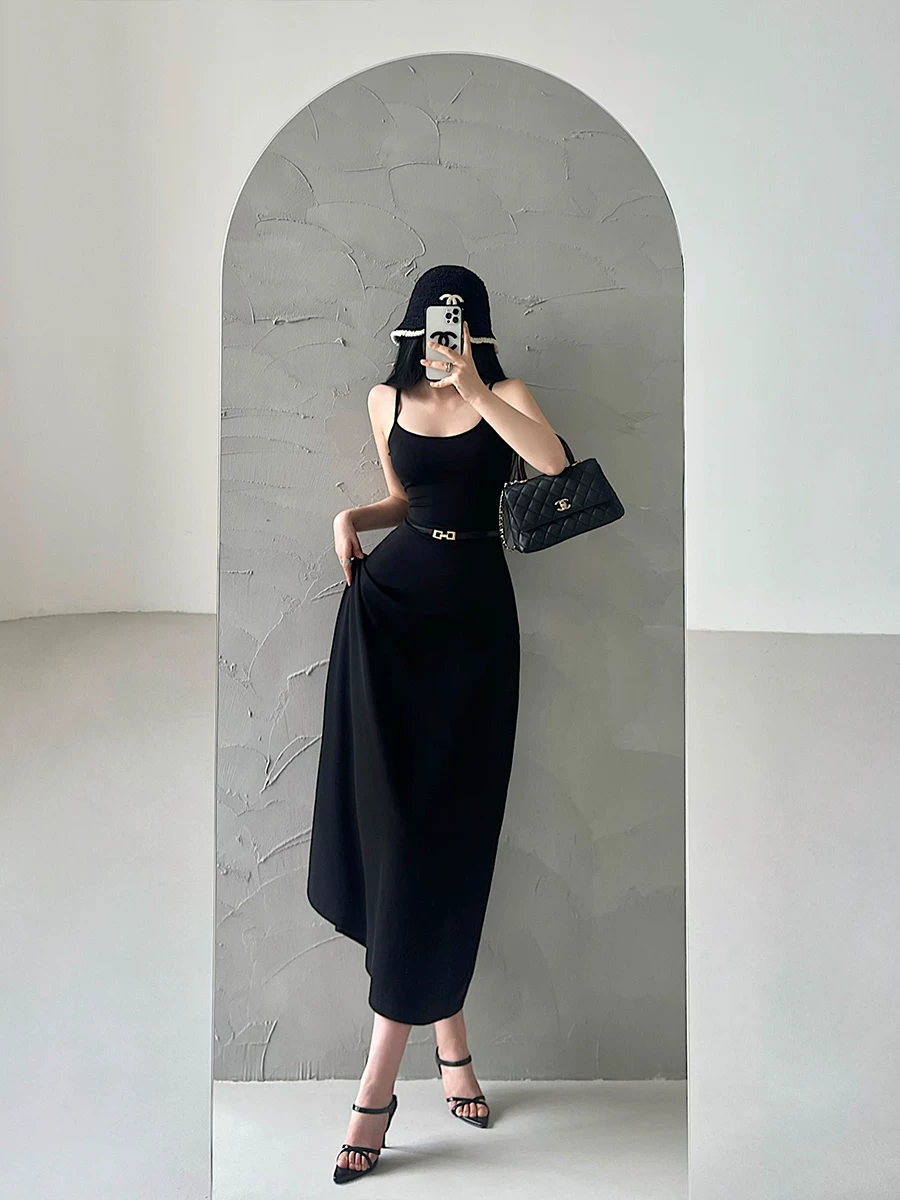 YoungGirlDay pure Desire vibe slim fit màu trơn có dây đeo viền lớn váy dài có thắt lưng