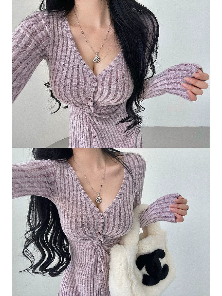 YoungGirlDay Pure Desire Style Cổ chữ V một hàng khuy xoắn eo thon gọn Váy dệt kim có gân dài vừa phải