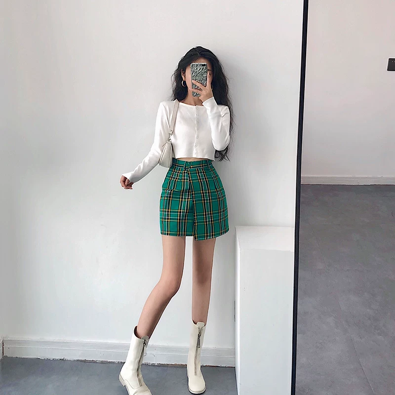 YoungGirlDay Phong cách Âu Mỹ cổ điển kẻ sọc đỏ và xanh lá cây váy ôm hông váy ngắn một mảnh cạp cao