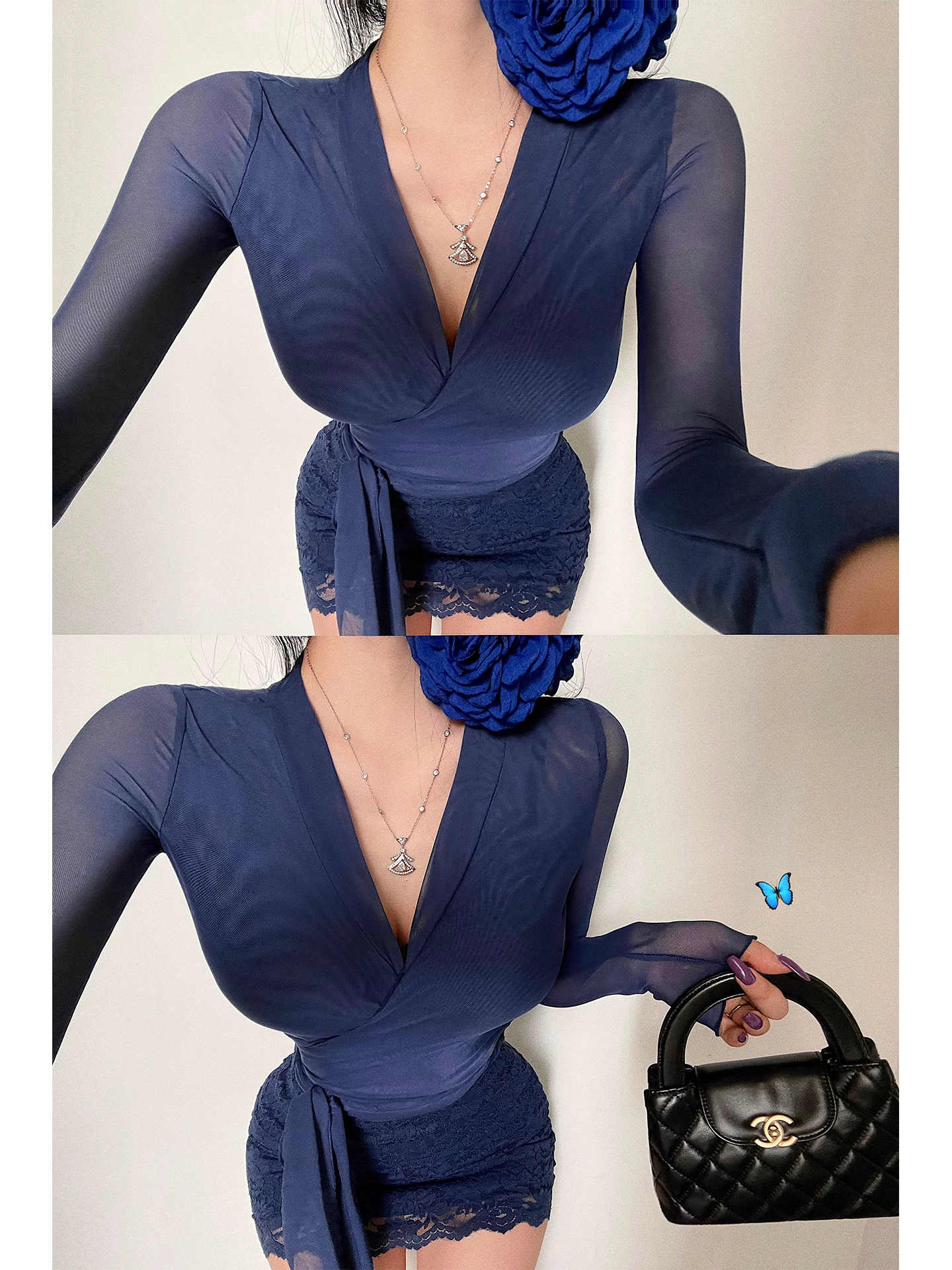 YoungGirlDay Phong cách trưởng thành và thuần khiết gợi cảm Áo lưới dài tay cổ chữ V có nơ thắt eo.