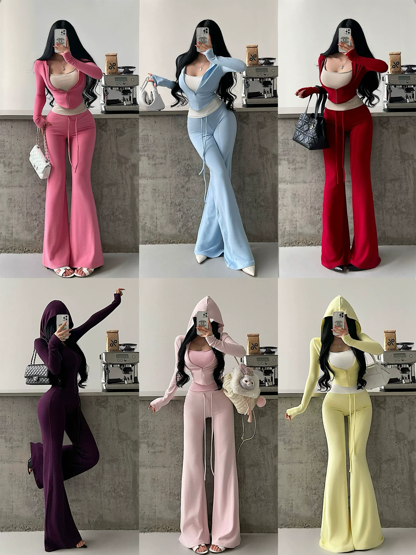 YoungGirlDay【King of Outfits】Áo ba lỗ, áo khoác có mũ trùm đầu, quần dài chạm sàn hơi loe, phong cách giản dị
