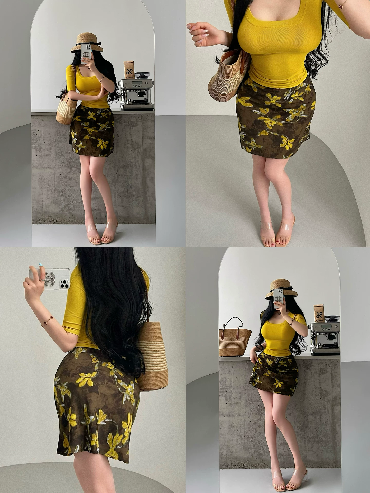 YoungGirlDay phong cách retro thuần khiết gợi cảm, váy chữ A lưới in hoa chấm bi cạp cao, váy ngắn
