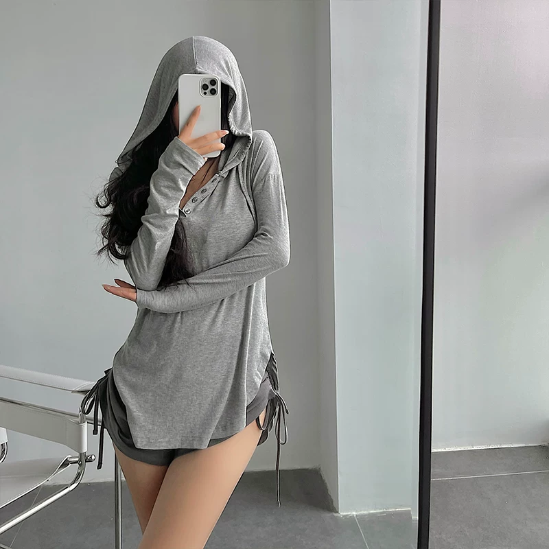 YoungGirlDay khao khát thuần khiết gợi cảm có mũ trùm đầu dây rút dáng rộng giảm béo mỏng chống nắng dài tay áo thun thường ngày