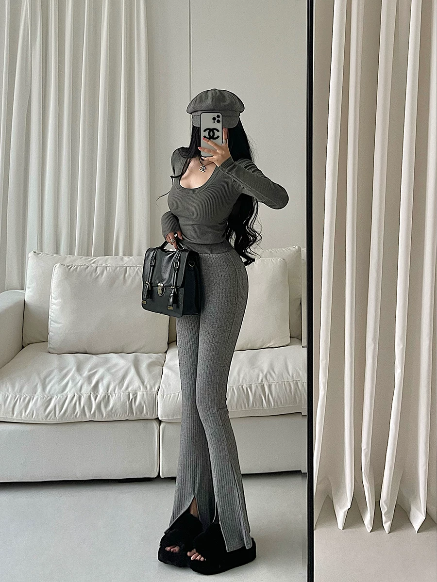 YoungGirlDay Quần ống loe xẻ tà cạp cao phong cách Âu Mỹ tôn dáng chân dài, quần dài dệt kim kiểu dáng thường ngày.