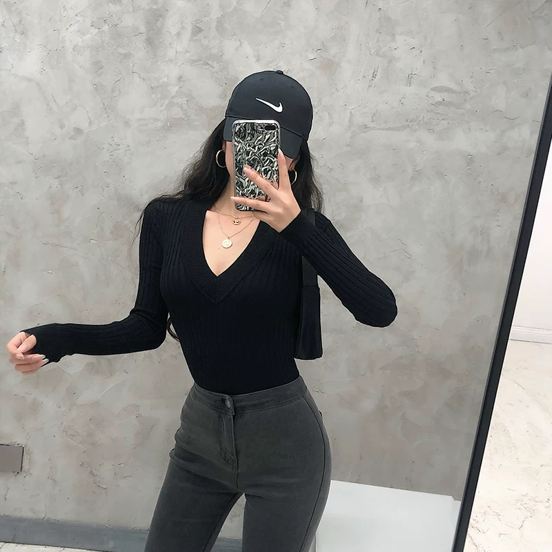 YoungGirlDay Áo dệt kim dài tay cổ chữ V co giãn kiểu Âu Mỹ, kiểu dáng ôm sát cơ thể.