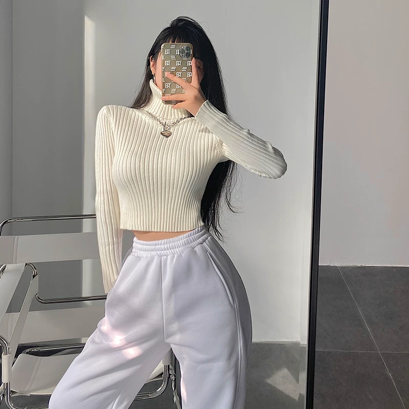 YoungGirlDay Áo len dệt kim ngắn tay ôm sát cổ cao gợi cảm phong cách Âu Mỹ có tay áo dài.