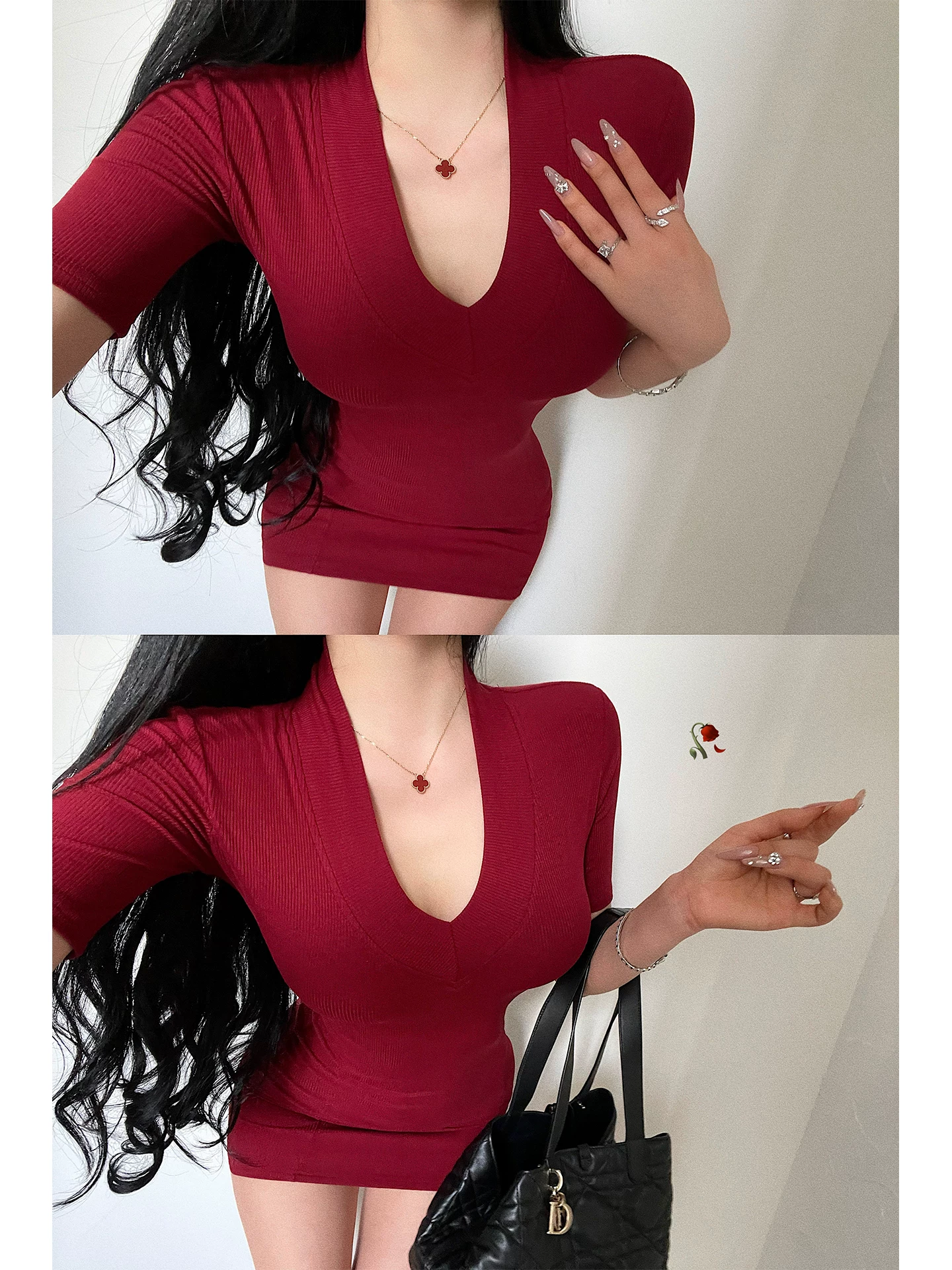 YoungGirlDay Kardashian váy ngắn ôm sát cổ chữ V cơ bản, ôm sát eo, giảm béo, váy ngắn tay ngắn
